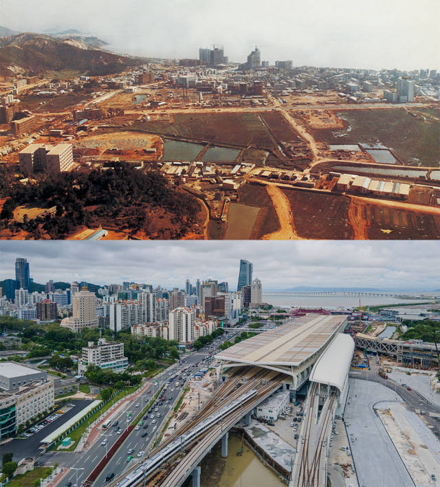 上圖：1984年正在建設中的拱北區。洪漢波 攝；下圖：2020年，城軌正在駛出拱北珠海站