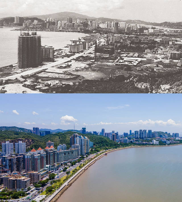 上圖：1984年拱北海邊一帶。李小崢 攝；下圖：2020年，拱北沿海