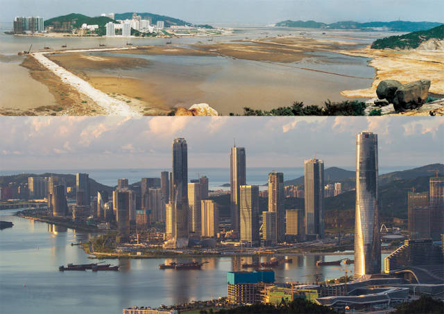 上圖：1992年，橫琴島十字門圍海造地；下圖：2020年，珠海橫琴新區的建設正如火如荼進行中