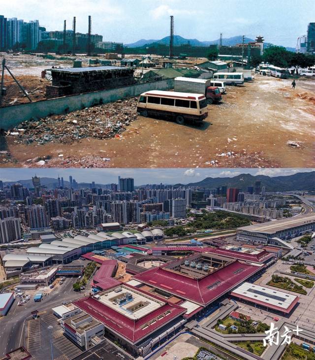 上圖： 1991年拱北口岸廣場原貌；下圖：2020年，拱北口岸仍是兩地交流的大門